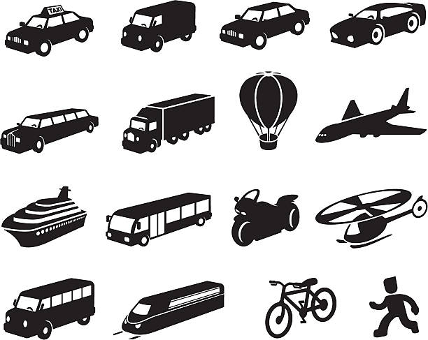 Black Transport Icon Set Black transport icon set. Set includes taxi, delivery van, car, sports car, stretch limousine, semi-truck, hot air balloon, jumbo jet aircraft, cruise ship, bus, motorbike, helicopter, mini-bus, train, bicycle and person on foot icons. All icons are three dimensional and at an angle. All are independently editable and isolated on white. ford truck black stock illustrations