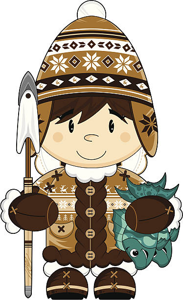 ilustraciones, imágenes clip art, dibujos animados e iconos de stock de linda lanudo sombrero de pescador inuit - cartoon fun fish gripping