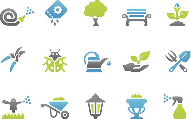 ilustraciones, imágenes clip art, dibujos animados e iconos de stock de stampico iconos de jardinería - gardening equipment trowel gardening fork isolated
