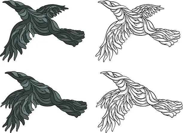 Vector illustration of Sinuous Ravens Flying