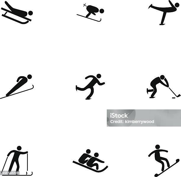 Desporto De Inverno Conjunto De Ícones - Arte vetorial de stock e mais imagens de Andar de tobogã - Andar de tobogã, Andar de trenó, Competição