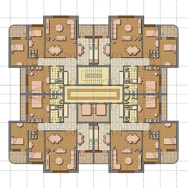 Vector illustration of apartment house with four flat plan