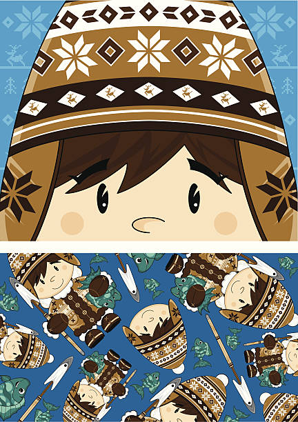 illustrazioni stock, clip art, cartoni animati e icone di tendenza di maglina cappello inuit ragazzo motivo - cartoon fun fish gripping