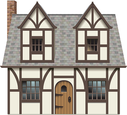A traditional Tudor style house with timbers, round wooden door and chimney. Separate layers.