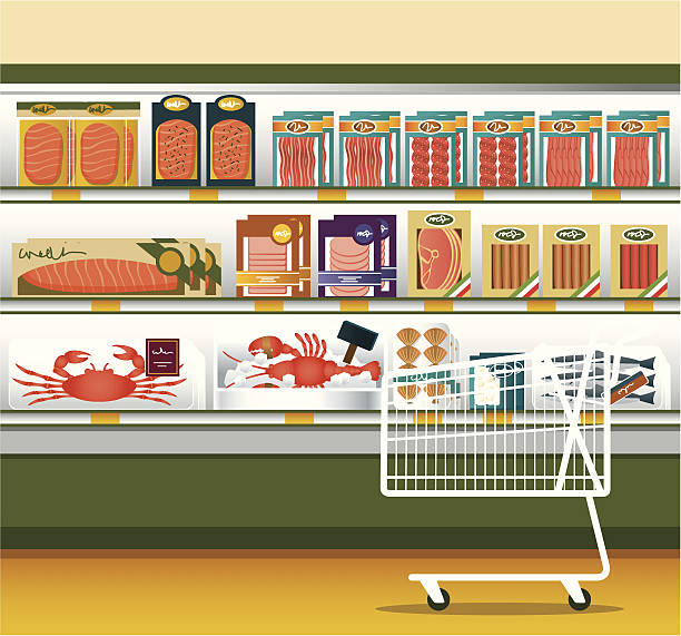 ilustraciones, imágenes clip art, dibujos animados e iconos de stock de supermercado & cesta de compras - fish seafood lobster salmon