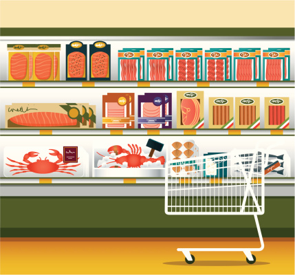 Supermarket and shopping cart, with different kinds of frozen food. Zip contains AI, PDF and hi-res jpeg. Related Files: