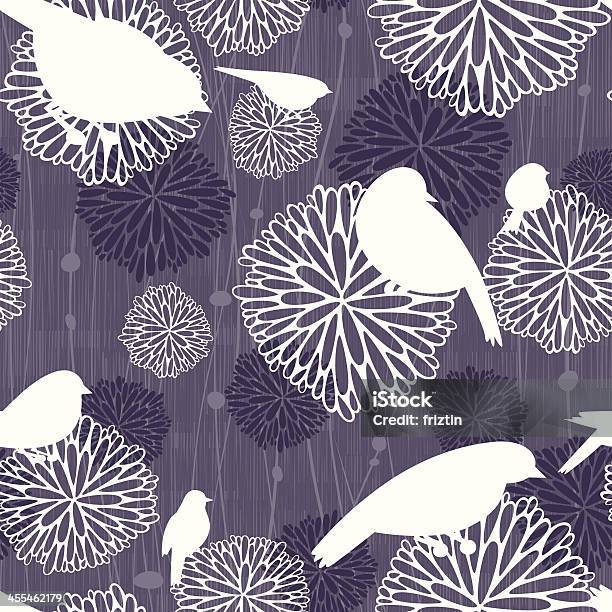 Monochromatic Seamless Bird And Mum Pattern Stock Illustration - Download Image Now - Chrysanthemum, Backgrounds, Floral Pattern