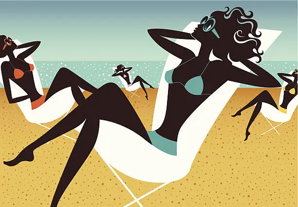 Vector illustration of Four ladies on a beach.