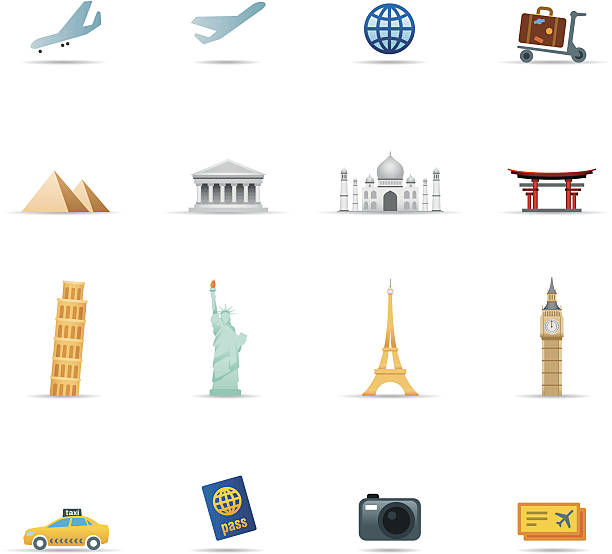 icon-set, reise-artikel farbe - usa airport airplane cartography stock-grafiken, -clipart, -cartoons und -symbole