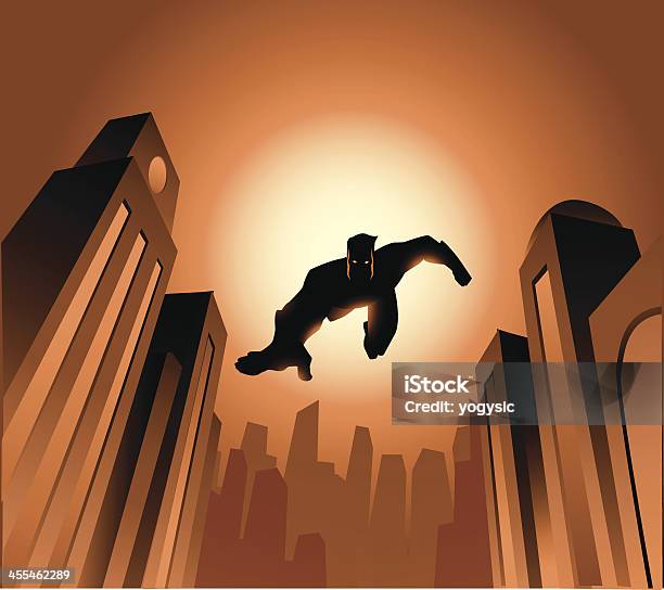 Летающий Супергерой Силуэт — стоковая векторная графика и другие изображения на тему В тени - В тени, Векторная графика, Закат солнца