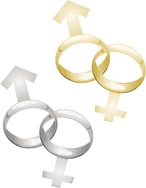 ilustrações, clipart, desenhos animados e ícones de alianças de casamento interligado com símbolos masculinos e femininos - wedding ring ring interlocked dedication