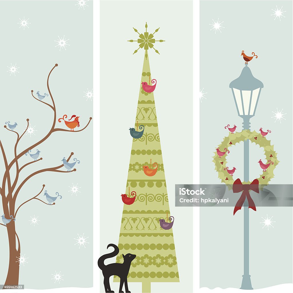 Fresh Air Winter Bird Banners A set of banners featuring birds in winter - a tree without  leaves, a christmas tree with hungy cat, a lamp post with wreath. (Includes .jpg) Snow stock vector