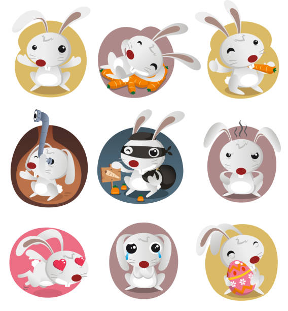 Rabbit Set Bunny, Cony, Leveret with carrot Rabbit Set with nine different bunnies like: Standing Bunny, Cony sleeping on carrots, Leveret eating carrot, spying bunny, bunny burglar, in love bunny, crying bunny and bunny with chocolate vector illustration.  hare and leveret stock illustrations