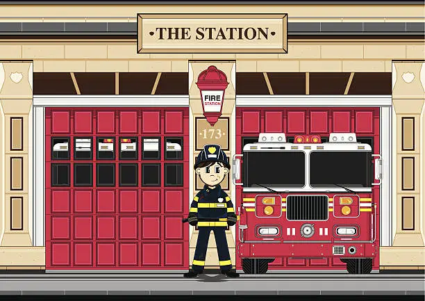 Vector illustration of Fireman and Fire Engine at Station House