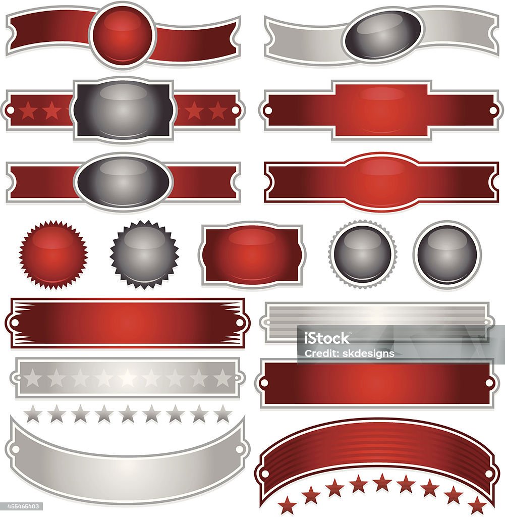 Brilhante vermelho, prateado autocolantes, botões, fitas e estrelas conjunto - Royalty-free Prata arte vetorial