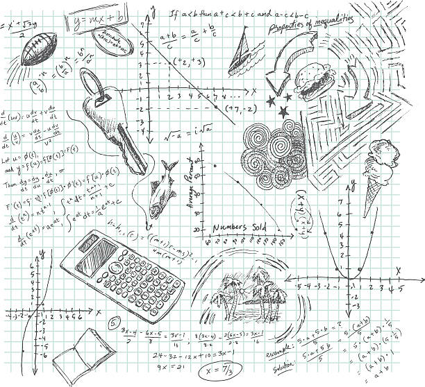 Algebra Class Daydream Doodle Hand-drawn doodle pencil sketch of various algebra equations, graphs and sketches drawn during math class. Also, daydreaming doodles sketched around math problems. Graph paper on layer that can be easily removed. XL 5000x5000 jpeg included. math paper stock illustrations