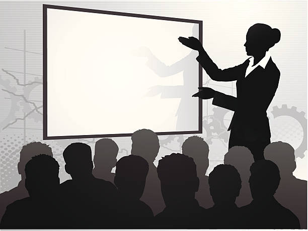 Businesswoman Speech A businesswoman talking to an expectant crowd. person presenting silhouette stock illustrations