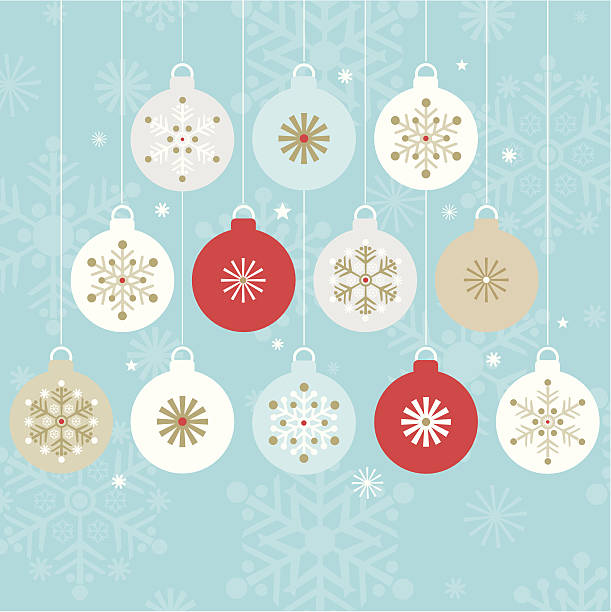 Twelve Stylish Hanging Christmas Baubles. Twelve stylish hanging christmas baubles on a blue snowflake silhouette background. christmas ornament stock illustrations