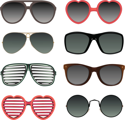Eight different color sunglasses arranged in two columns.