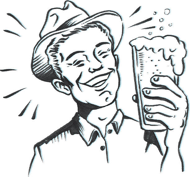 ilustraciones, imágenes clip art, dibujos animados e iconos de stock de guy con cerveza al aire libre - men fedora hat 1940s style