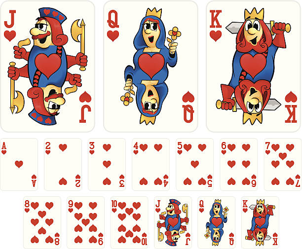 ilustraciones, imágenes clip art, dibujos animados e iconos de stock de naipes de historieta traje de corazones - four of hearts