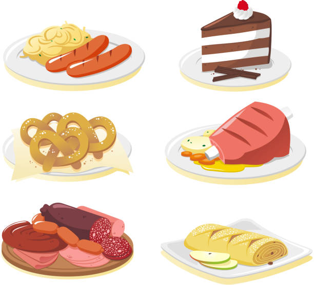ilustraciones, imágenes clip art, dibujos animados e iconos de stock de platos de la cocina alemana - comida alemana