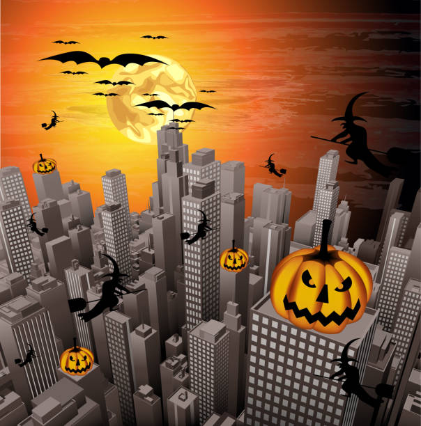 ilustraciones, imágenes clip art, dibujos animados e iconos de stock de halloween - city night spooky skyline