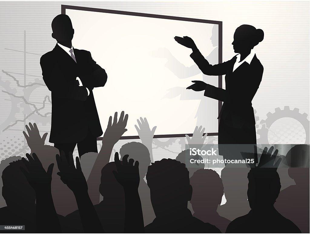 Participatory Audience A businesswoman and businessman talking to an expectant crowd. Business Person stock vector
