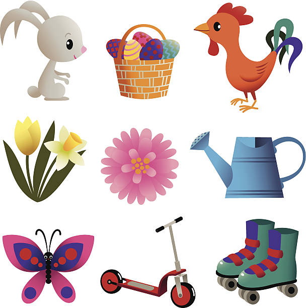 satz von frühling ist. - butterfly cartoon symbol push scooter stock-grafiken, -clipart, -cartoons und -symbole