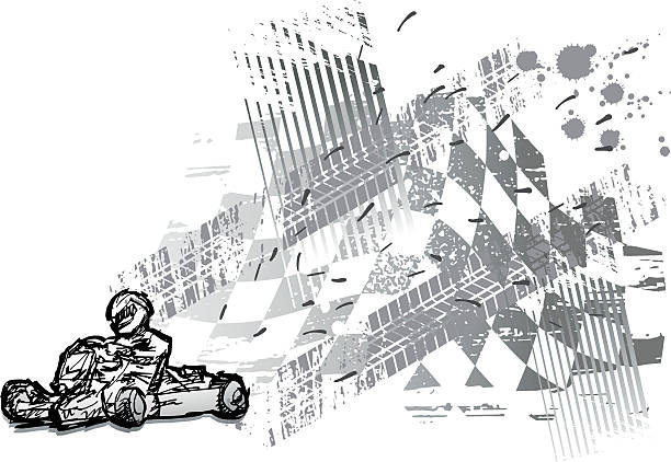 Ink drawing of a gocart driver on black checkered background kart vector ganar stock illustrations