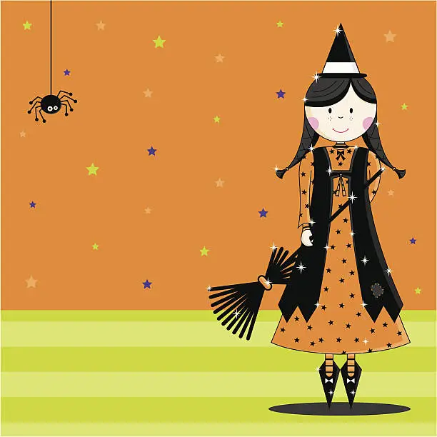 Vector illustration of Halloween Witch Girl Character with Dangling Spider