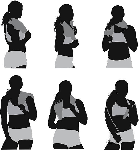 ilustraciones, imágenes clip art, dibujos animados e iconos de stock de varias imágenes de un sportswoman con toalla - silhouette rope profile beauty