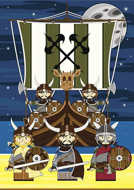 Vector illustration of Cute Viking Warriors Beach Scene