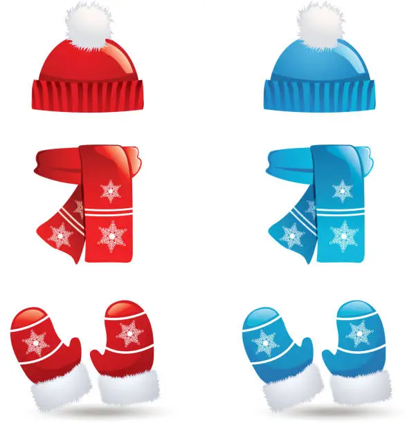 Vector illustration of Icons of sets of hats, scarves and gloves in blue and red