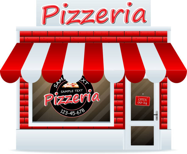 Illustration of a pizzeria with red and white awning vector art illustration