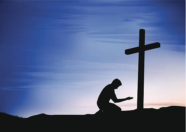 Prayer at the Cross Figure praying at a cross before a dramatic sky background. Files included – jpg, ai (version 8 and CS3), and eps (version 8) kneeling stock illustrations