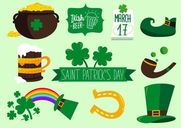 Saint Patricks elements Saint Patricks icons set collection, with gold of pot, Irish banners, Calendar, boots, beer, clovers, shamrock, pipe, rainbow vector illustration. buckle cartoon stock illustrations