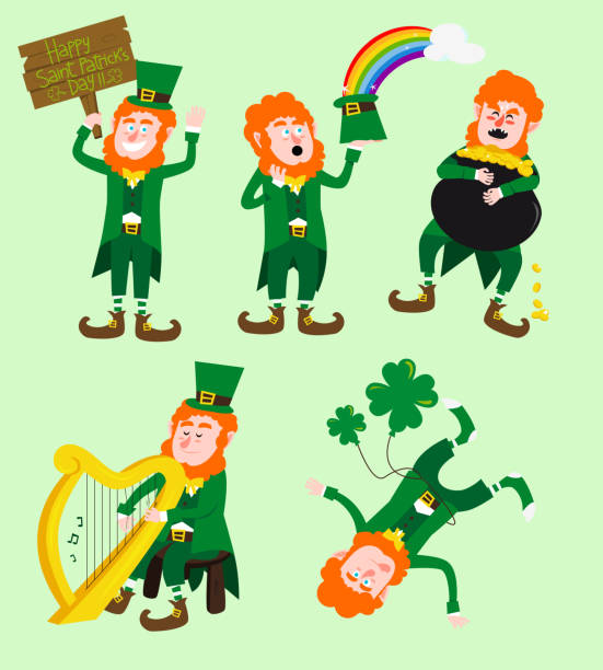 ilustrações, clipart, desenhos animados e ícones de saint patricks duendes conjunto - saint patricks banner green beer patrick leprechaun hat
