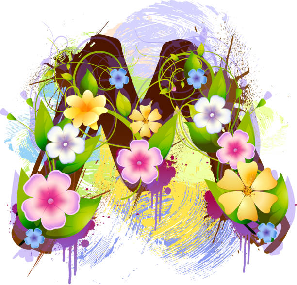 ilustraciones, imágenes clip art, dibujos animados e iconos de stock de mayúscula m, creado por hojas y flores - alphabet painterly effect square composition
