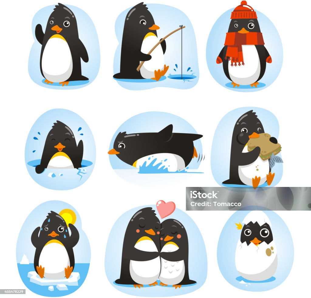 Penguin Set Penguin set vector illustration, with penguins in different situations like dancing, fishing, winter, swimming, eating, in love collection. Penguin stock vector