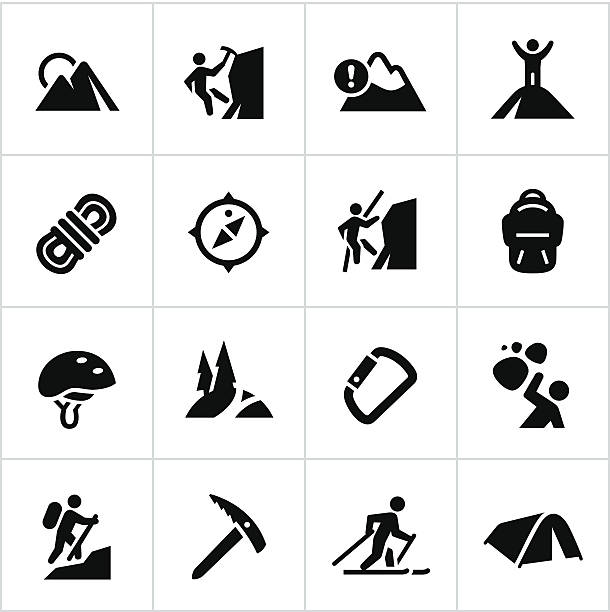 ilustraciones, imágenes clip art, dibujos animados e iconos de stock de montañismo iconos negro - risk high up sport outdoors