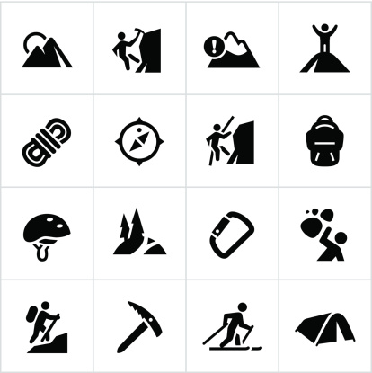Mountaineering icons. All white strokes/shapes are cut from the icons and merged allowing the background to show through.