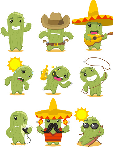Nine different cactus in different situations like happy cactus, cowboy cactus, Mexican cactus, summer cactus, drunk cactus, riding cactus, cactus with a rope, shaving cactus, cactus with moustache, sunbathing cactus vector illustration.