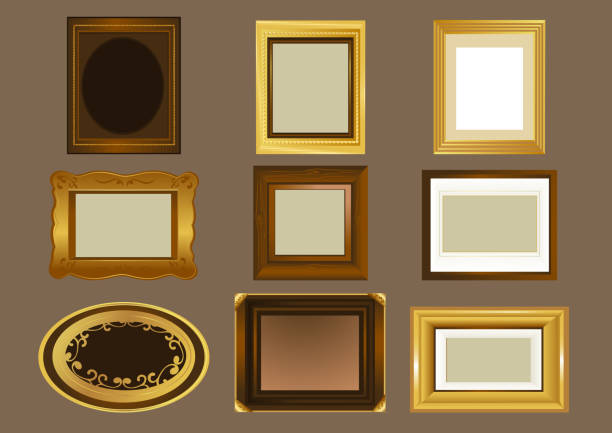 Nine Picture frame Set Nine Picture frame, in different shapes and sizes vector illustration. Oval frame, rectangular frame, square shaped frame, wooden frame and golden frame. natural pattern photos stock illustrations