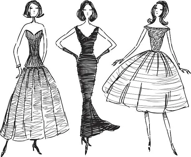 Vector illustration of girls in the evening dresses