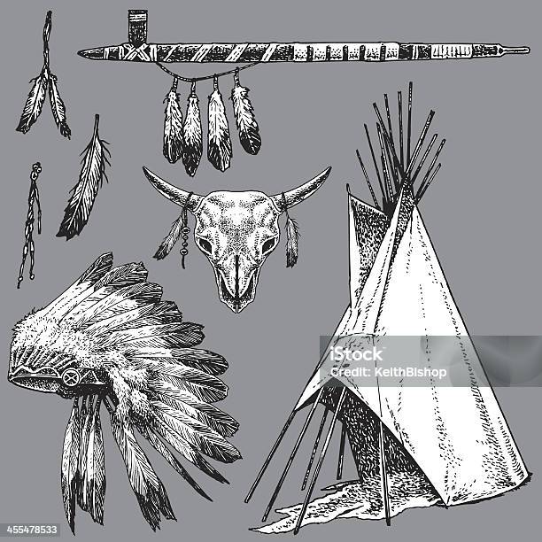 Ilustración de American Indian Paz Tubería Tocado Tipi y más Vectores Libres de Derechos de Pluma de ave - Pluma de ave, Blanco y negro, Cráneo de animal