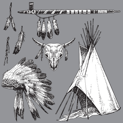 Pen and ink illustration of a American Indian headdress, peace pipe and teepee. Check out my 