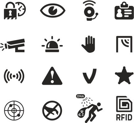 Set of security and theft prevention icons for shops, buildings and offices. Contains recent innovations like DNA spray, GPS tracking and RFID protection. Quality vectors for website, app or print project. Includes transparent PNG and PDF file.