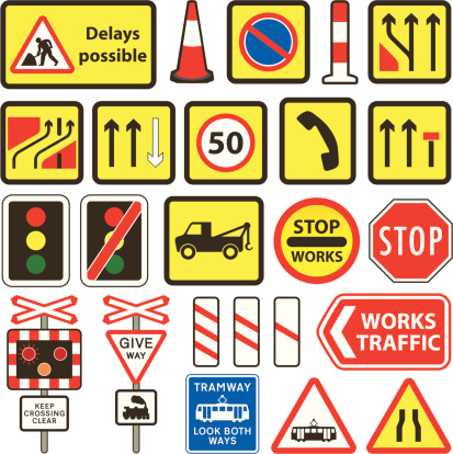 Collection of simple UK road signs for Road works and Level Crossings.