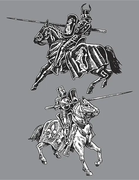Vector illustration of Medieval Jousters - Good and Evil Knights